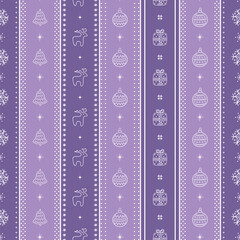 Christmas Striped Pattern with Christmas Ornament, Deer, Gift Box, Snowflakes. Seamless Print. Christmas Background. Vertical Stripes. Merry Christmas, Happy New Year Design. Vector in Purple, White