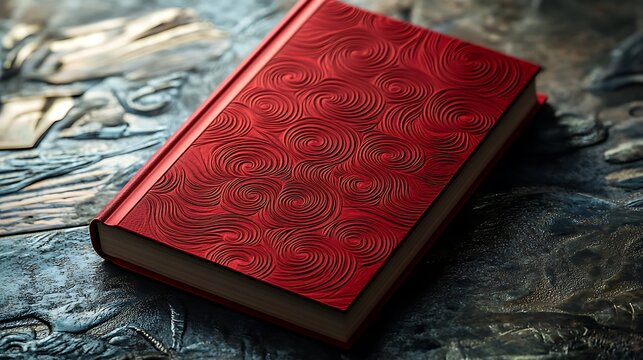 Crimson Book with Swirling Pattern on Distressed Metallic Surface Close-up