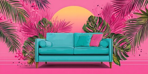 Teal couch in a pink tropical room