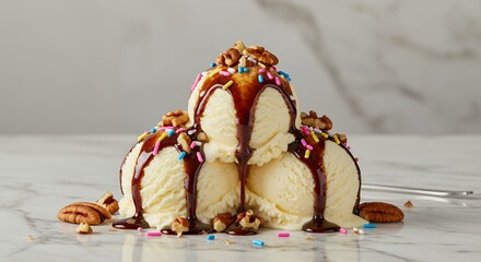 Decadent Vanilla Ice Cream Sundae Drizzled with Chocolate and Topped with Pecans and Sprinkles