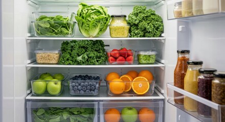 A fully stocked refrigerator interior featuring fresh fruits vegetables and various food items neatly arranged on shelves illustrating healthy eating and dietary choices for commercial applications