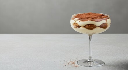 Indulge in this elegant glass of creamy, cocoa-dusted tiramisu, a delightful dessert masterpiece.