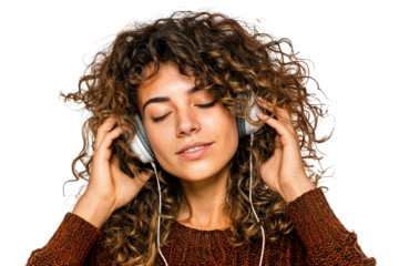 Relaxed young woman enjoying music with eyes closed and headphones isolated on transparent background