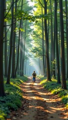 A lone hiker walks along a sunlit forest path surrounded by tall trees and lush green foliage.