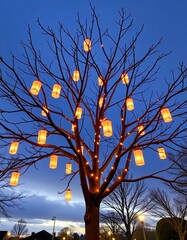 A leafless tree adorned with glowing lanterns and string lights stands against a twilight sky, creating a warm and festive outdoor ambiance.