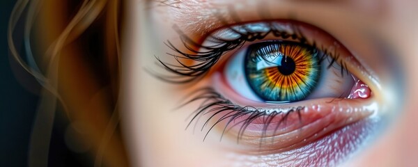 A close-up of a human eye with striking blue and amber colors, detailed eyelashes, and reflections on the cornea.