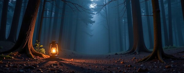 A glowing lantern lights a misty, dark forest pathway surrounded by tall trees at dusk, creating a mysterious and serene atmosphere.