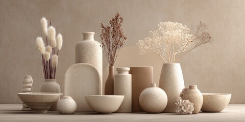 Beige aesthetic still life with dried flowers and ceramic vessels