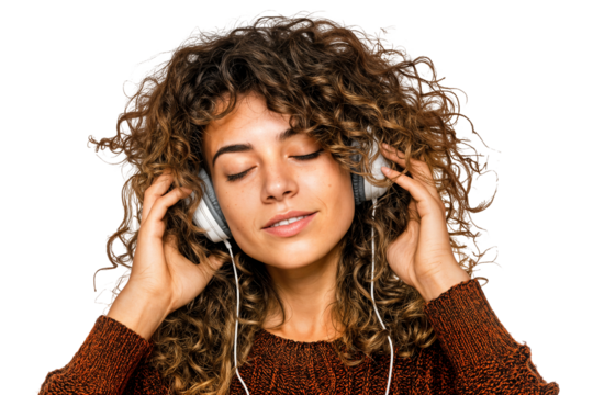 Relaxed young woman enjoying music with eyes closed and headphones isolated on transparent background