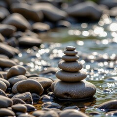 Smooth pebbles stacked in a balanced tower on a riverbed with sparkling water and sunlight reflections in the background.