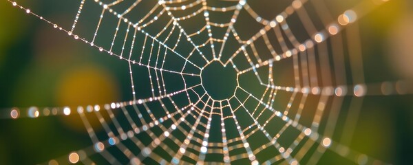 A close-up of a spider web covered in dew droplets, glistening with bokeh light effects in the background.