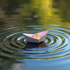 A delicate paper boat floats on calm water, creating gentle ripples under soft, natural light.