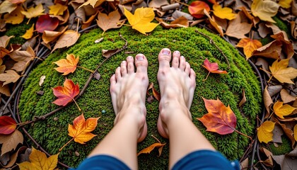 Bare feet stand on vibrant green moss surrounded by colorful autumn leaves in shades of orange, yellow, and red.