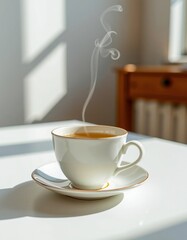A steaming cup of tea in an elegant white porcelain cup and saucer sits on a bright table with soft sunlight casting shadows.