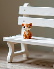 A small, cute toy tiger sits alone on a white wooden bench against a blurred neutral background.