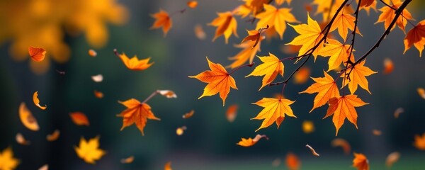 Vibrant autumn maple leaves in shades of orange and yellow gently falling against a blurred natural background.