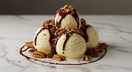 Decadent Vanilla Ice Cream Sundae Tower Drizzled with Chocolate