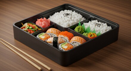 Delicious Japanese Bento Box with Sushi, Rice, and Vegetables