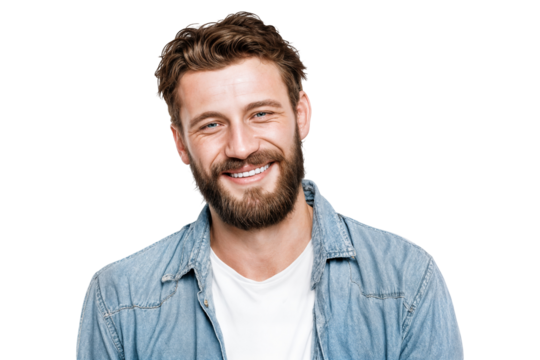 Bearded young man smiling confidently at camera isolated on transparent background