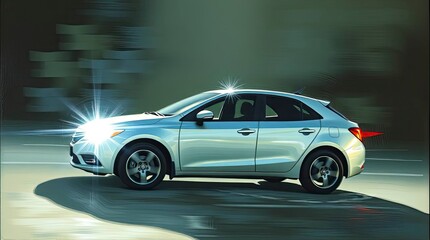 An acrylic painting of a car, with motion blur, strong light creating harsh shadows, contrasted by a hazy, soft light