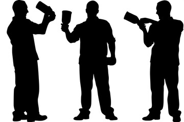 Fototapeta premium “Symmetrical, high-contrast silhouette of three bartending figures, stylized and minimal. Men stand shoulder-width apart, each holding different barware. White background, no depth or detail. Clean ve