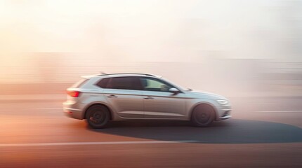 Fototapeta premium A blurred moving car, using a soft, dreamy color palette contrast with strong highlights and shadows, creating a hazy atmospheric depth