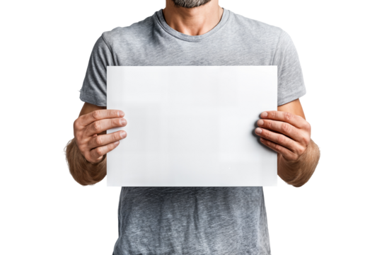 Man holding blank white board for text or message presentation isolated on transparent background - Powered by Adobe