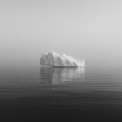 Solitary iceberg in still water; monochrome