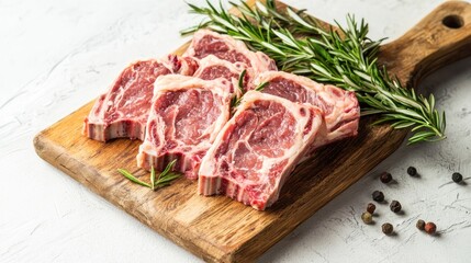 Four raw lamb chops on a wooden cutting board with fresh rosemary and peppercorns.