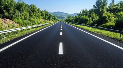 Fototapeta premium A straight, empty highway with green trees on both sides, leading towards a distant mountain range under a clear blue sky.