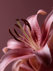 Pink lily flower blooming, showing petals, stamens, and pistil on mauve background