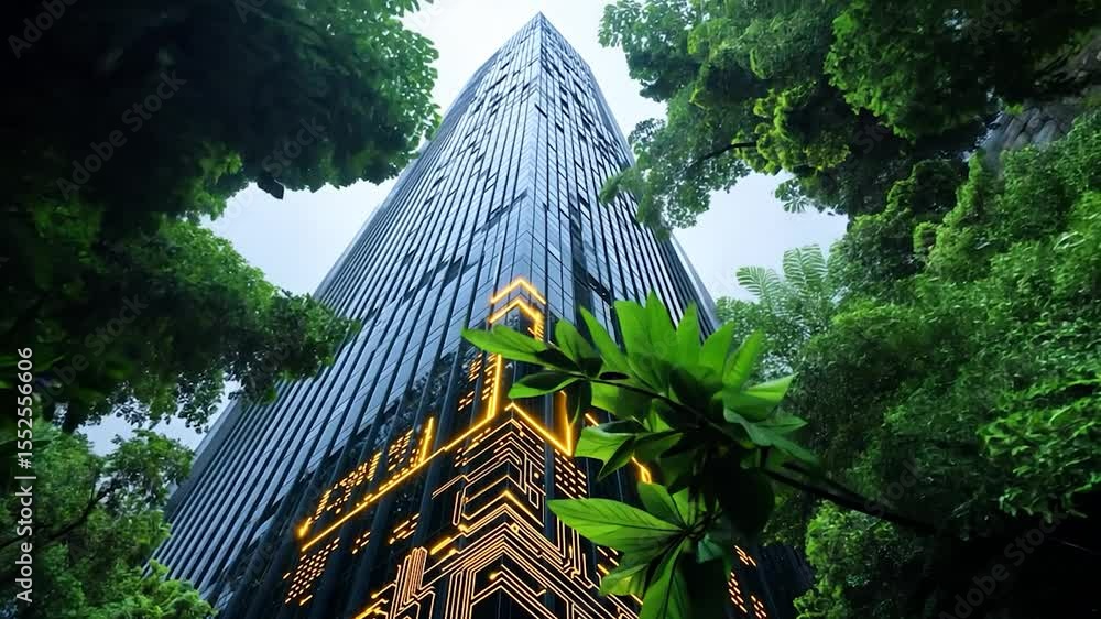Poster Geometric Architectural Structure Surrounded By Green Foliage Against Cloudy Sky and Vibrant Illuminated Elements