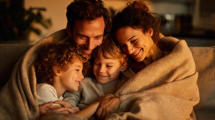 Loving parents cuddling with their two children on a couch, wrapped in a blanket, warm evening light, happy faces full of love