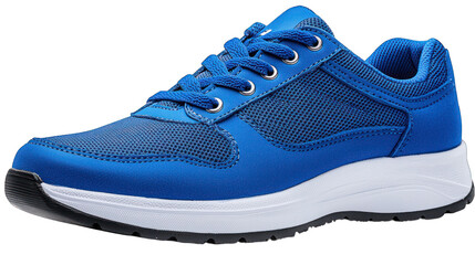 Blue trainer shoe, mesh fabric, white sole, laced