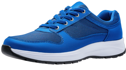 Blue trainer shoe, mesh fabric, white sole, laced