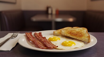 Classic Diner Breakfast: Sunny-Side Up Eggs, Crispy Bacon, and Toasted Bread