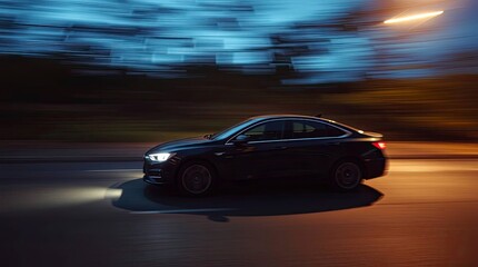 Fototapeta premium A moving car, using motion blur to convey speed. The scene is lit with a juxtaposition of a strong, hard light creating intense shadows and a soft, hazy ambient light. Dreamy aesthetic