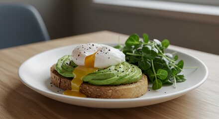 Indulge in this perfectly poached egg atop creamy avocado toast, garnished with fresh greens.