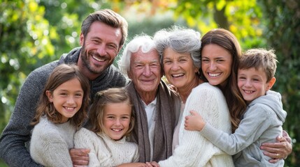 Multigenerational family hugging in garden, grandparents, parents, and kids all smiling, natural light, celebration of unity