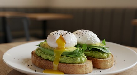 Indulge in this vibrant avocado toast topped with perfectly poached eggs, a delightful brunch treat.