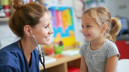 Pediatric nurse showing stethoscope to cheerful child in colorful exam room, building trust and playful interaction in healthcare