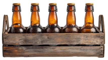 Bottled drinks in rustic wooden crate, amber color