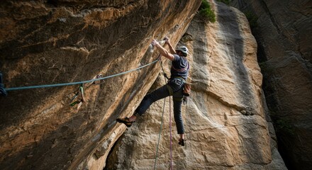 Athlete scaling a rugged rock face using safety ropes and equipment in a natural environment demonstrating athleticism and physical activity during an outdoor climbing adventure exercise