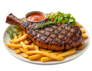 plate of Grilled t-bone or porterhouse steak seasoned with rosemary and served with golden French fries, fresh leafy herb salad and a tomato dip isolated on transparent png
