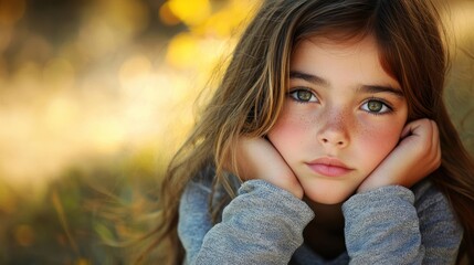 Fototapeta premium A young girl with long brown hair and freckles, wearing a gray sweater, looking at the camera with a serene expression.