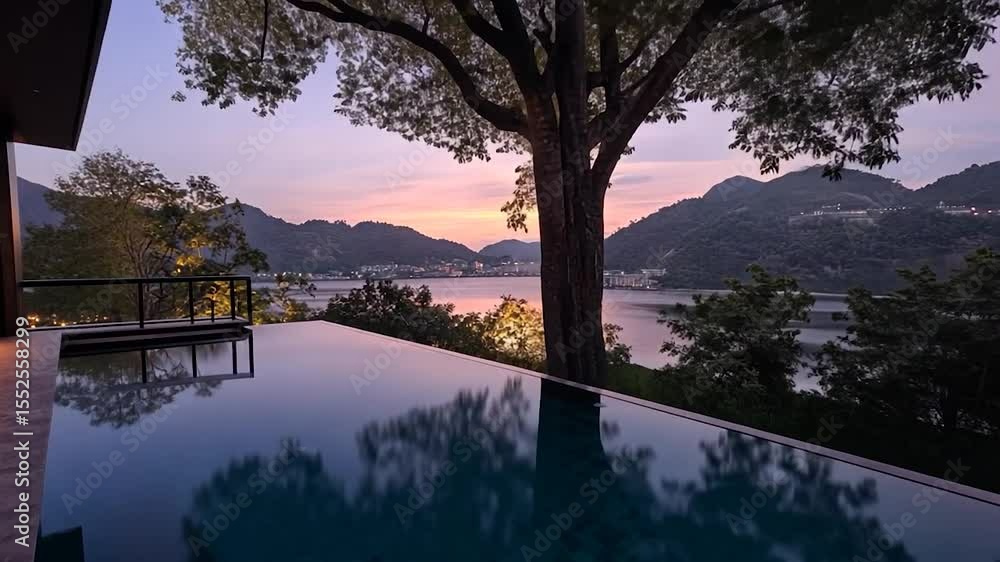 Poster dusk view of infinity pool overlooking lake mountains and tree silhouette with reflection