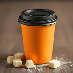 vibrant Orange Coffee Cup Mockup with Black Lid & Sweet Sugar Cubes