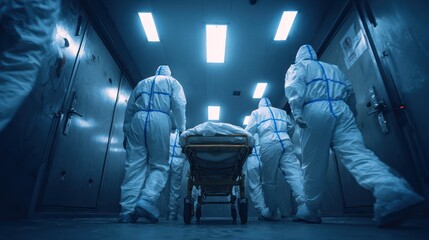 Team of medical staff in protective gear pushing stretcher in covid isolation unit, intense environment, urgency and dedication