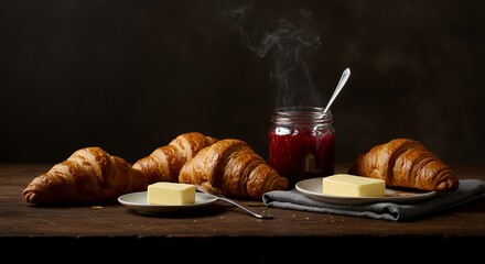 Warm Croissants, Raspberry Jam, and Butter: A Rustic Breakfast Delight