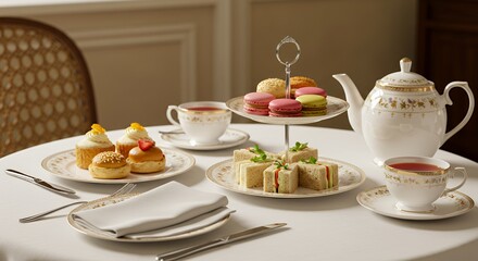Elegant Afternoon Tea Setting with Delicate Pastries and Fine China